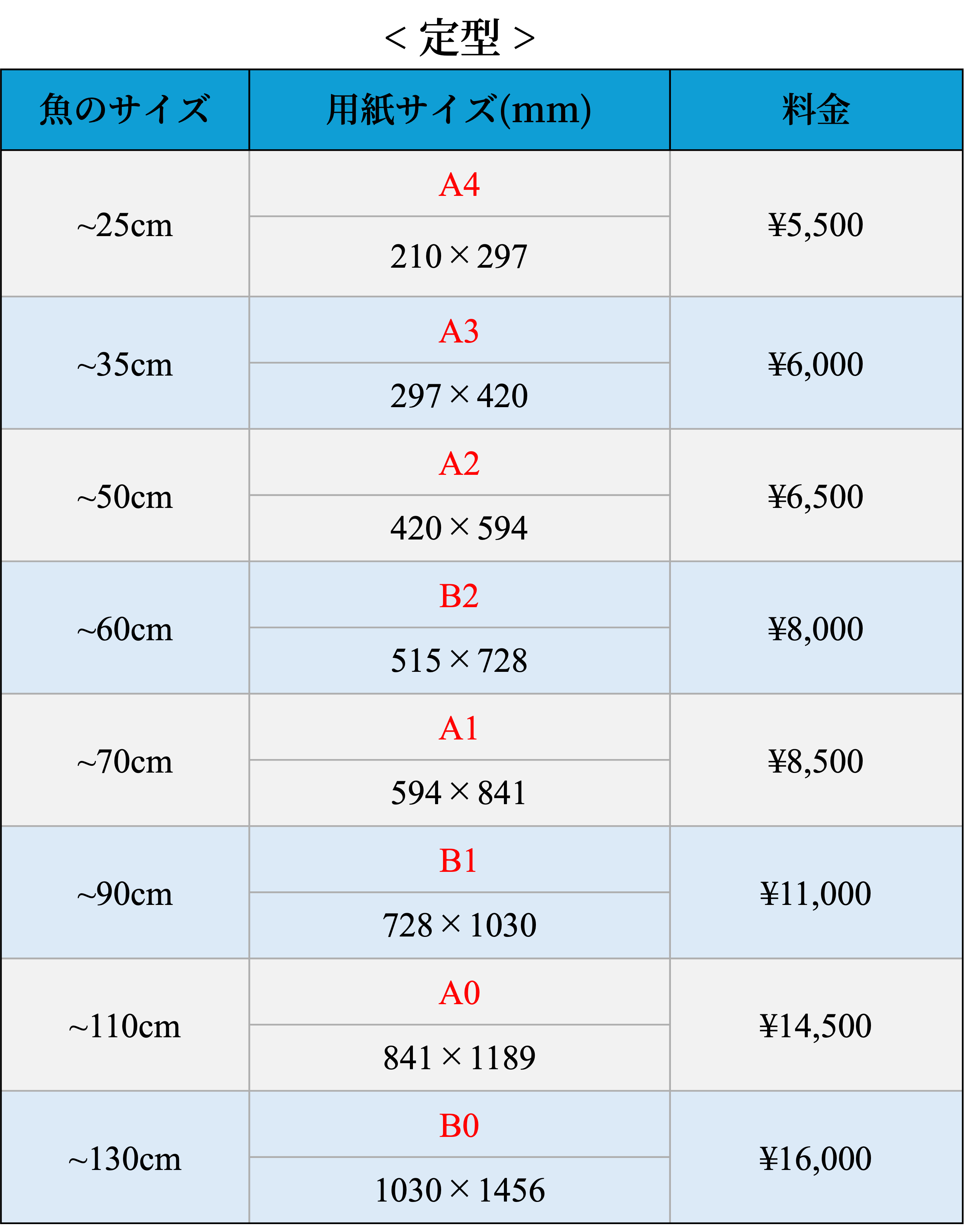 ターポリンの定型サイズ料金表